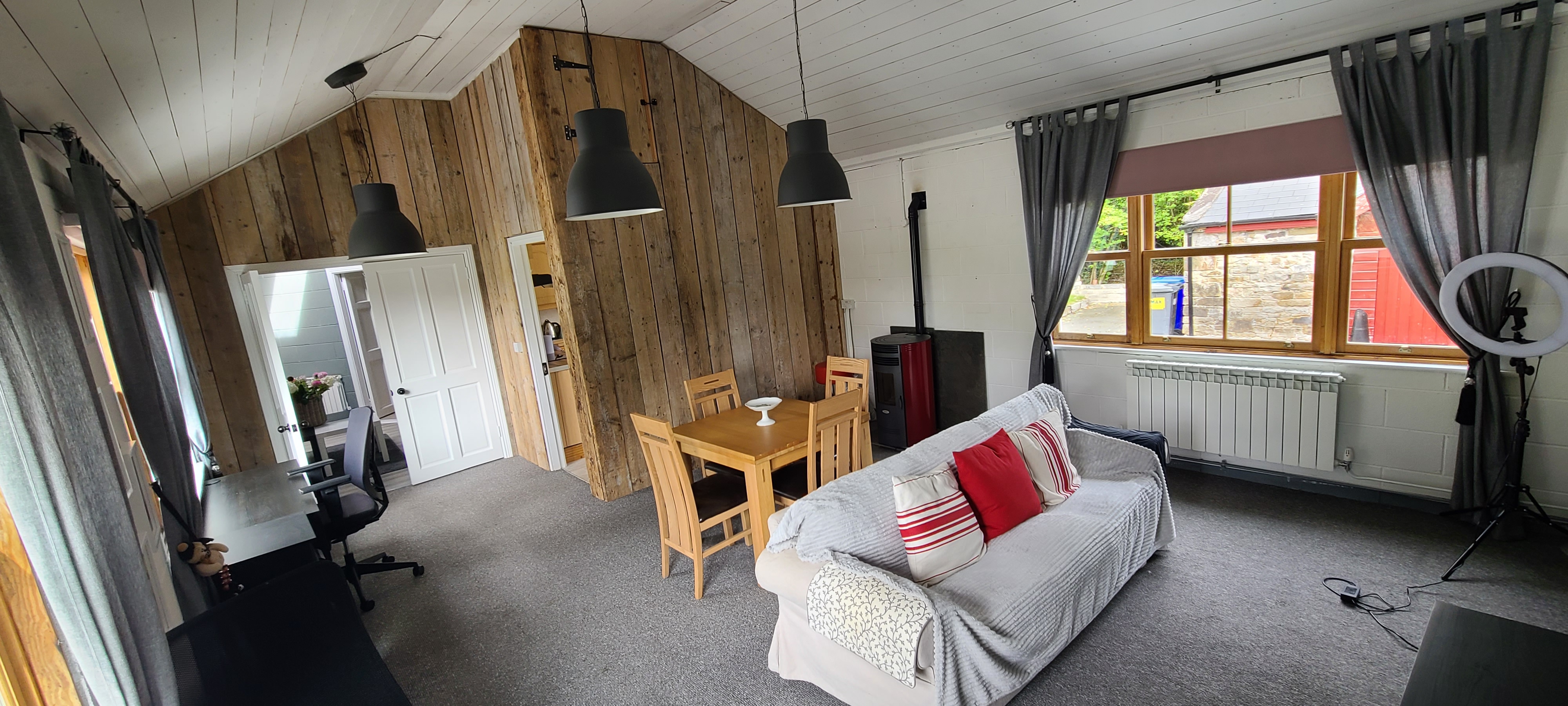 Living room with wood wall